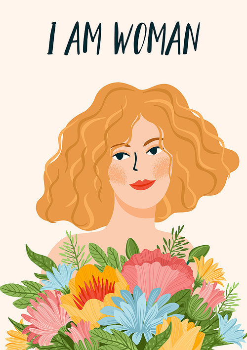 Vector illustration of cute woman with flowers. International Women s Day concept for card, poster, flyer and other users