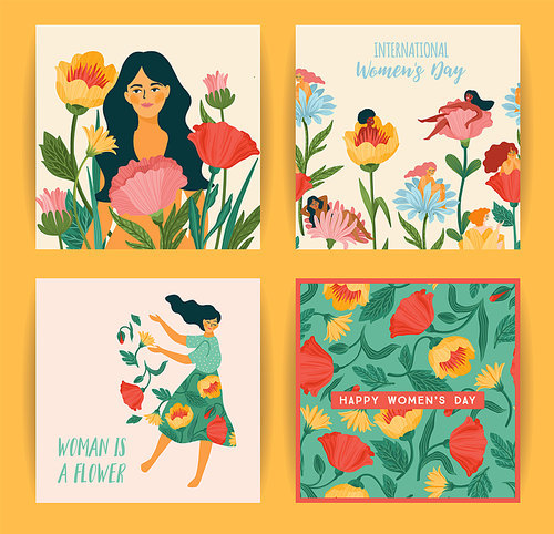 International Women s Day. Set of vector illustrations with cute women and flowers for card, poster, flyer and other users