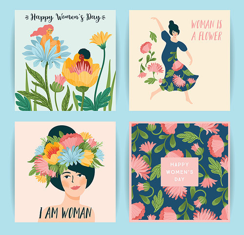 International Women s Day. Set of vector illustrations with cute women and flowers for card, poster, flyer and other users