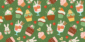 . seamless pattern with funny sweets. cupcake, cake, dessert with easter symbols. vector design template.