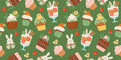 . seamless pattern with funny sweets. cupcake, cake, dessert with easter symbols. vector design template.
