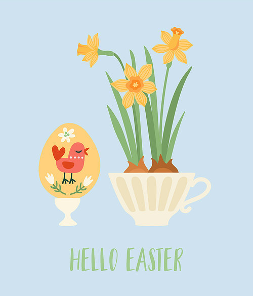 Easter illustration with egg and flovers. Easter symbols. Cute vector design template.