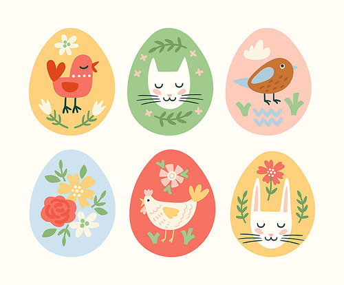 Happy Easter. Vector set of Easter eggs with holiday symbols. Design element.