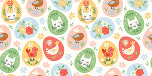 Happy Easter. Vector seamless pattern. Easter eggs with holiday symbols. Design element.