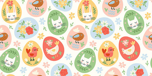 Happy Easter. Vector seamless pattern. Easter eggs with holiday symbols. Design element.