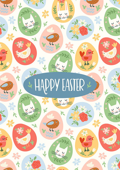 Easter illustration with funny eggs. Easter symbols. Cute vector design template.