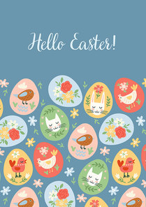 Easter illustration with funny eggs. Easter symbols. Cute vector design template.
