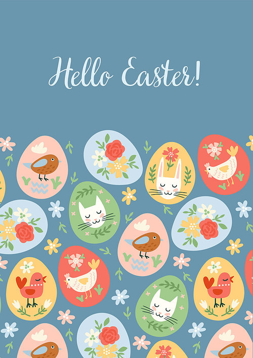 Easter illustration with funny eggs. Easter symbols. Cute vector design template.