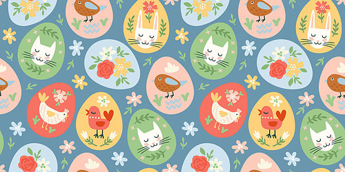 Happy Easter. Vector seamless pattern. Easter eggs with holiday symbols. Design element.