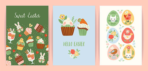 Easter illustrations with funny sweets. Cupcake, cake, dessert with easter symbols. Vector design templates.