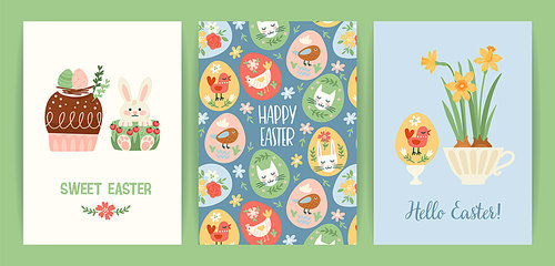 Easter illustrations with funny sweets. Cupcake, cake, dessert with easter symbols. Vector design templates.