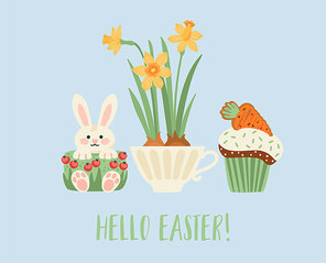 Easter illustration with funny sweets. Cupcake, cake, dessert with easter symbols. Vector design template.
