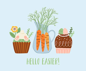 Easter illustration with funny sweets. Cupcake, cake, dessert with easter symbols. Vector design template.