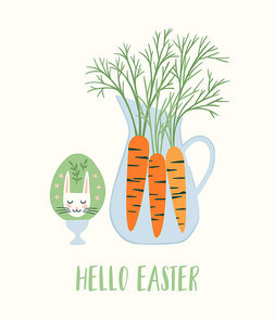 Easter illustration with egg and carrot. Easter symbols. Cute vector design template.