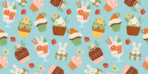 Easter seamless pattern with funny sweets. Cupcake, cake, dessert with easter symbols. Vector design template.