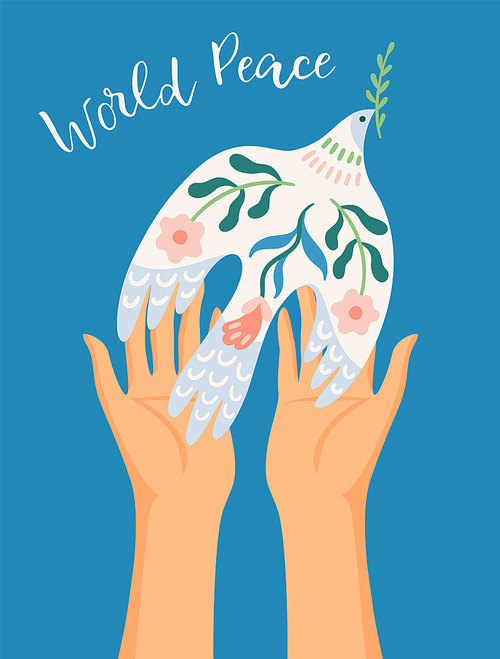 World Peace. Hands and dove of peace. Vector illustration. Elements for card, poster, flyer and other use