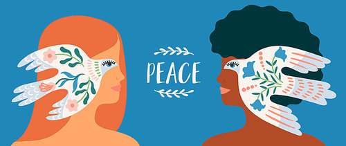 Peace. Women and dove of peace. Vector illustration. Elements for card, poster, flyer and other use