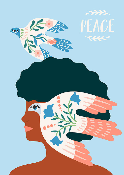 Peace. Woman and dove of peace. Vector illustration. Elements for card, poster, flyer and other use