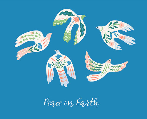 Peace on Earth. Set of doves of peace. Vector clipart. Elements for card, poster, flyer and other use