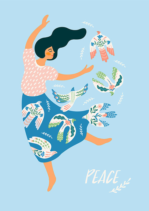 Peace. Woman and dove of peace. Vector illustration. Elements for card, poster, flyer and other use