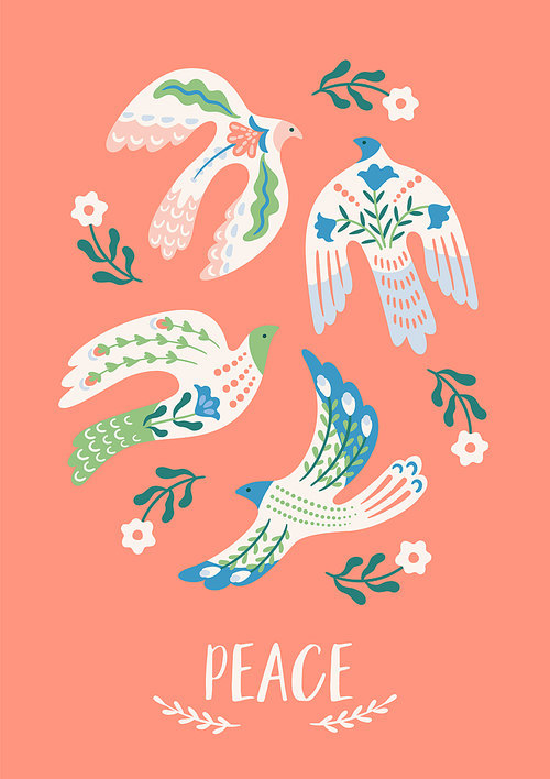 Doves of peace. Vector illustration. Template for card, poster, flyer and other use