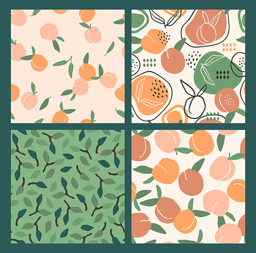 Vector seamless patterns with peaches. Trendy hand drawn textures. Modern abstract design for paper, cover, fabric, interior decor and other users.