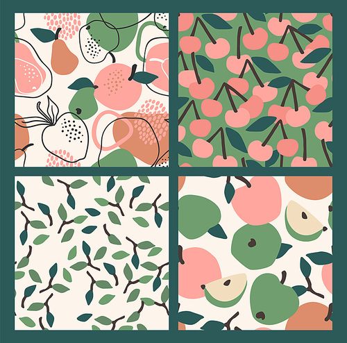 Vector seamless patterns with fruits. Trendy hand drawn textures. Modern abstract design for paper, cover, fabric, interior decor and other users.