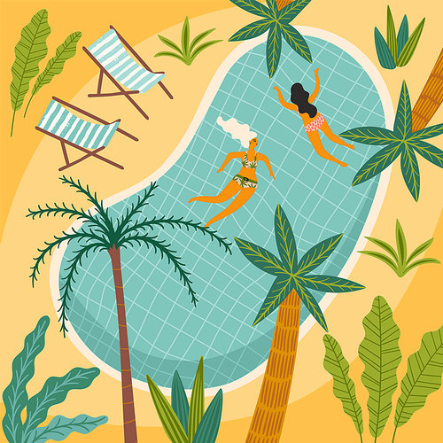 Vector illustration of tropical beach and swimming pool. Design element for summer concept and other use.