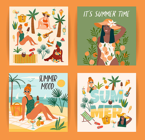 Set of bright summer illustrations with cute women. Summer holliday, vacation, travel. Vector templates for card, poster, flyer, banner and other use