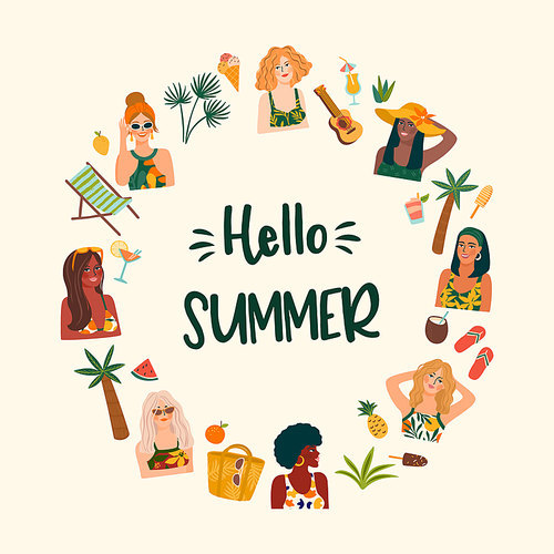 Summer illustration with cute women. Summer holliday, vacation, travel. Vector template for card, poster, flyer, banner and other use