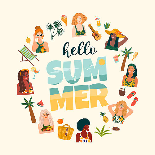 Summer illustration with cute women. Summer holliday, vacation, travel. Vector template for card, poster, flyer, banner and other use