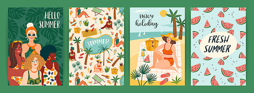 Set of bright summer illustrations with cute women. Summer holliday, vacation, travel. Vector templates for card, poster, flyer, banner and other use