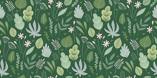 Abstract gentle seamless pattern with leaves, flowers and grass. Modern exotic design for paper, cover, fabric, interior decor and other use.
