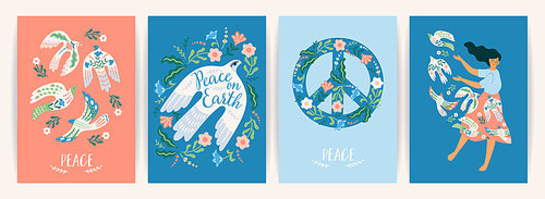 Peace on Earth. Woman and dove of peace. Vector set. Illustration for card, poster, flyer and other use