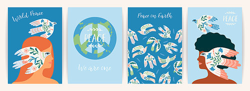 Peace on Earth. Woman and dove of peace. Vector set. Illustration for card, poster, flyer and other use