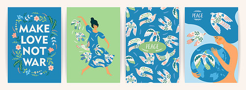 Peace on Earth. Woman and dove of peace. Vector set. Illustration for card, poster, flyer and other use