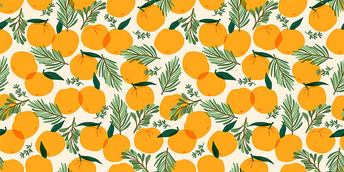 Christmas and Happy New Year seamless pattern. Christmas tree and tangerines. New Year symbols.Trendy retro style. Vector design template.