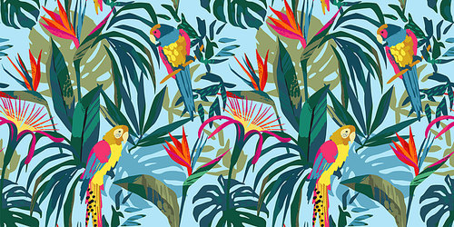 Abstract art seamless pattern with parrots and tropical plants. Modern exotic design for paper, cover, fabric, interior decor and other users.