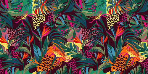 Abstract art seamless pattern with tropical leaves and flowers. Modern exotic design for paper, cover, fabric, interior decor and other users.