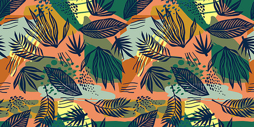 Abstract art seamless pattern with tropical leaves. Modern exotic design for paper, cover, fabric, interior decor and other users.