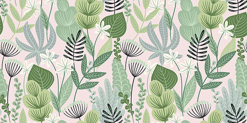 Abstract gentle seamless pattern with leaves, flowers and grass. Modern exotic design for paper, cover, fabric, interior decor and other use.