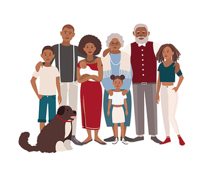 Father, mother, grandmother, grandfather, sons, daughters and dog together. Happy large black family portrait. Vector illustration of a flat design.