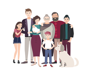 Big family portrait. Happy people with relatives. Colorful flat illustration.