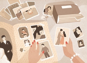 Woman's hands holding old photographs, sorting them out and attaching to pages of photographic album or photo book. Keeping in order pictures with family memories. Colored cartoon vector illustration.
