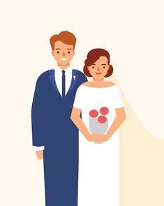 Wedding portrait of cute happy pair of young smiling bride and groom dressed in elegant clothing. Funny adorable married couple or newlyweds. Colored vector illustration in flat cartoon style