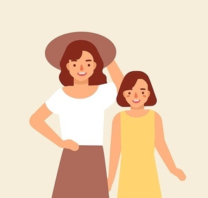 Portrait of smiling mother in hat and her daughter. Joyful adorable mom and child. Happy family. Cute funny cartoon characters. Parenting or parenthood. Colorful vector illustration in flat style