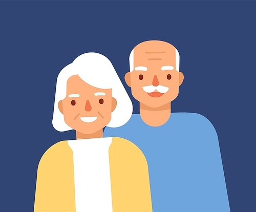 Portrait of cute happy elderly couple. Smiling old man and woman, grandparents. Grandfather and grandmother standing together. Granddad and grandma. Colorful vector illustration in flat cartoon style