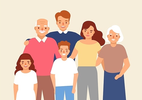 Portrait of happy family with grandfather, grandmother, father, mother, child girl and boy standing together. Cute funny smiling cartoon characters. Colorful vector illustration in flat style