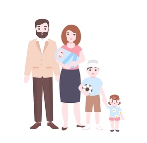 Large family portrait. Mother holding newborn baby, father, and children standing together. Adorable cartoon characters isolated on white background. Colorful vector illustration in flat style.