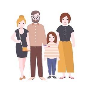 Portrait of cute loving family. Mother, father and children standing together. Parents and daughters. Funny cartoon characters isolated on white background. Colorful vector illustration in flat style